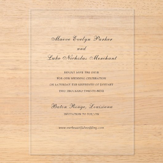 Maeve Traditionele bruiloft Bewaar de datum Acryl Uitnodigingen (Voorkant)