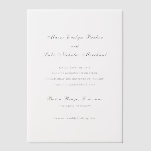 Maeve Traditionele bruiloft Bewaar de datum Vellum Uitnodigingen (Voorkant)