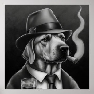 Mafia Dog in Grayscale met een bovenste hoed en ee Poster