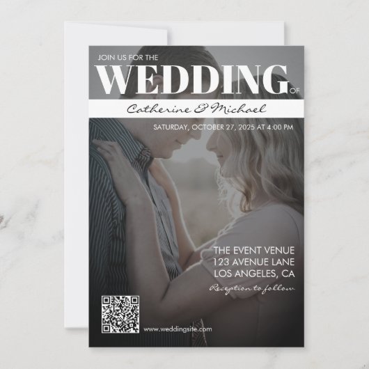 Magazine Hoesje Trendy Dark Photo QR Code Bruiloft Kaart (Voorkant)