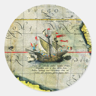 Magellans schip Victoria, Antiek kaart Stille Ocea Ronde Sticker