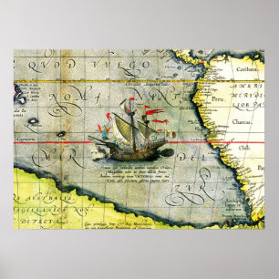 Magellans schip Victoria, Antieke kaart Stille Oce Poster