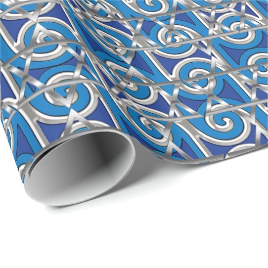 Magen David Swirl Blauw en Zilver Mozaïek Cadeaupapier (Rol Hoek)