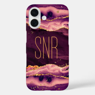 Magenta Agate Geode Monogram Naam Gold Glitter iPhone 16 Hoesje