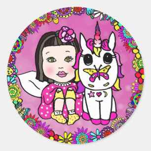 Magenta Aziatische Fee en Eenhoorn Ronde Sticker