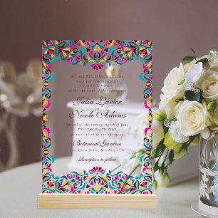 Magenta Blau Whimsical Bloemrijke Mandala Bruiloft Acryl Uitnodigingen