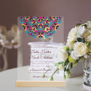 Magenta Blau Whimsical Bloemrijke Mandala Bruiloft Acryl Uitnodigingen