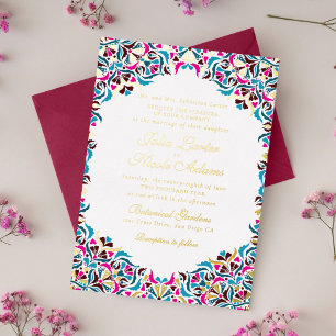 Magenta Blau Whimsical Bloemrijke Mandala Bruiloft Folie Uitnodiging