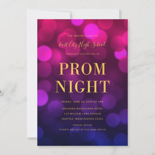 Magenta Blauw Bokeh Lichten Goud High School Gala Kaart (Voorkant)