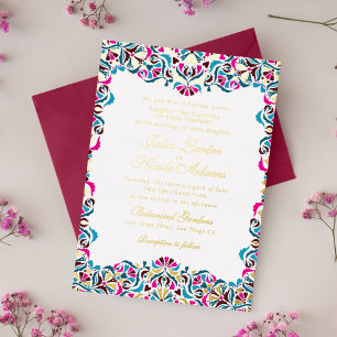 Magenta Blauw Whimsical Bloemrijke Mandala Bruilof Folie Uitnodiging