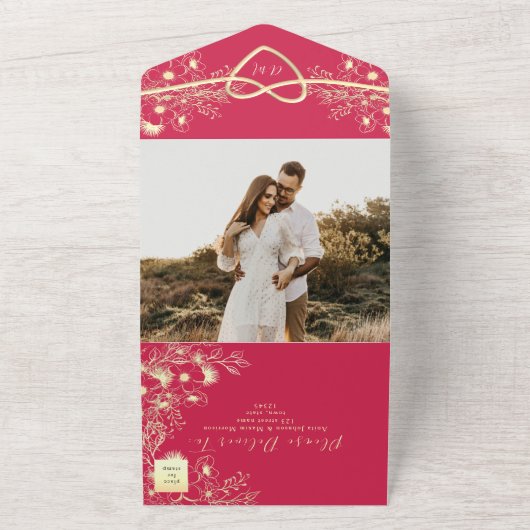 Magenta Bloem All-in-One Trouwuitnodiging All In One Uitnodiging (Buitenkant)