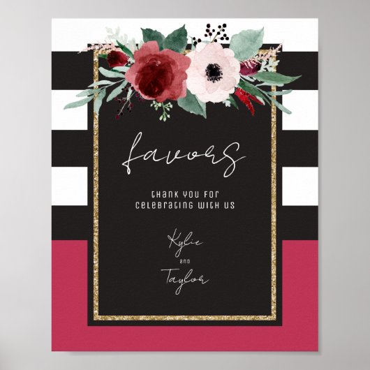 Magenta Bloem Zwart Wit Streep Trouw Favor Poster (Voorkant)
