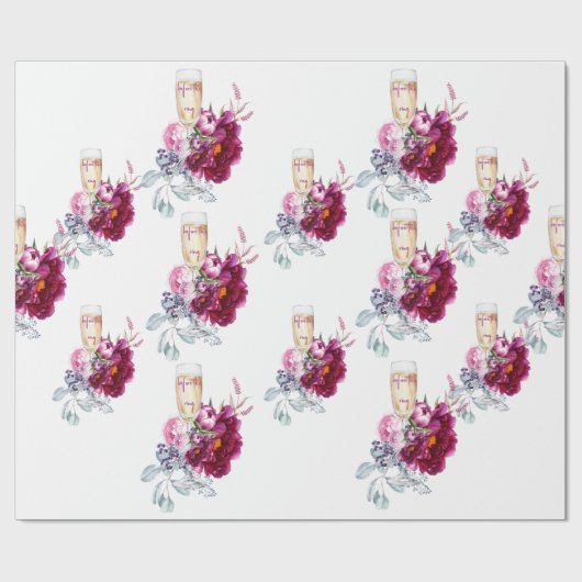 Magenta Bloemige Champagne Voor de Ring Trouw Cadeaupapier (Vlak)