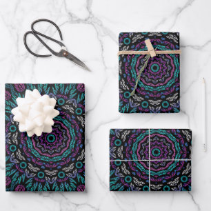 Magenta Blue Blauwgroen Gothic Glas in lood Mandal Inpakpapier Vel