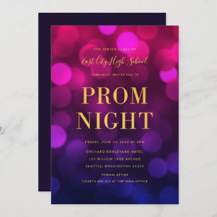 Magenta Blue Bokeh Lights Gold High School Prom Kaart