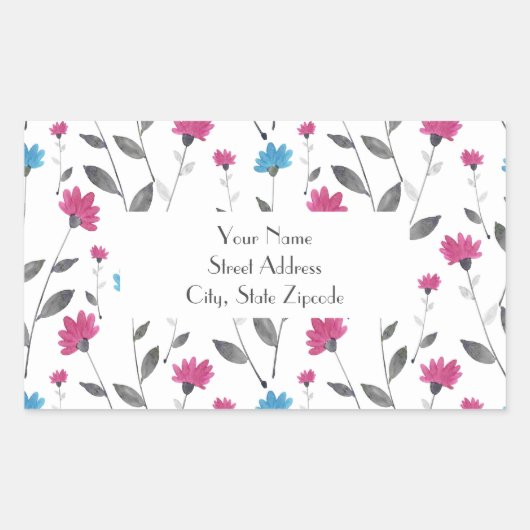 Magenta Blue Waterverf Daisy Pattern-labels Rechthoekige Sticker (Voorkant)