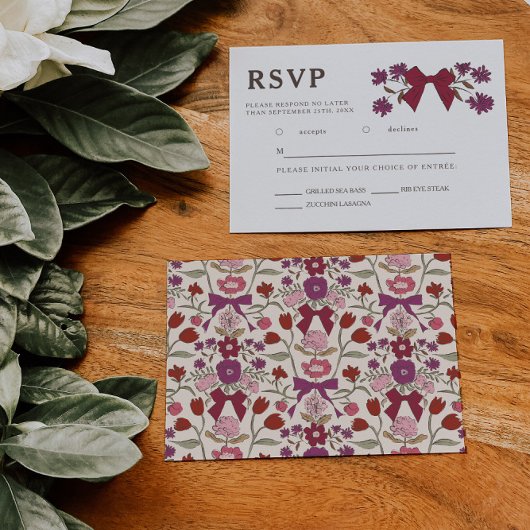Magenta Bow Floral Wedding RSVP Maaltijdkeuze