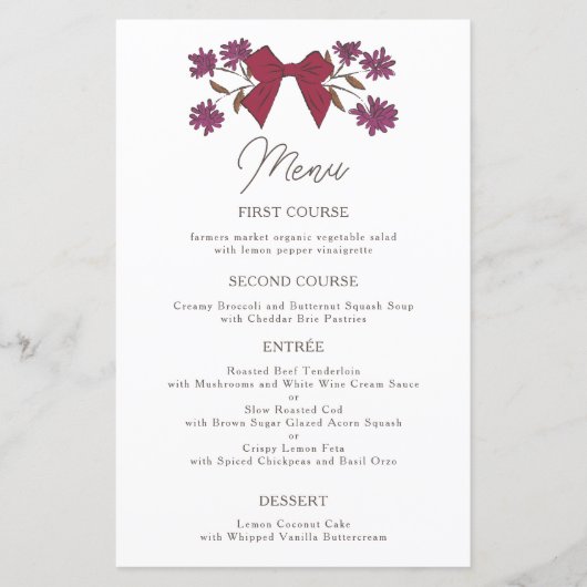Magenta Bows Flower Wedding Dinner Menu (Voorkant)