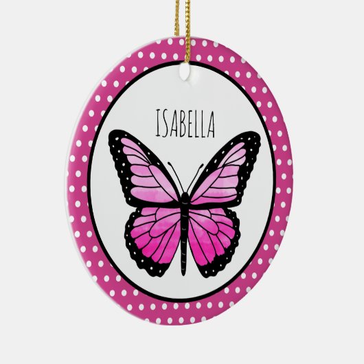 Magenta Butterfly Polka Dot gepersonaliseerd Keramisch Ornament (Rechts)