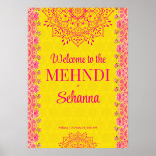 Magenta cerise heldergeel Mehndi-welkomstteken Poster