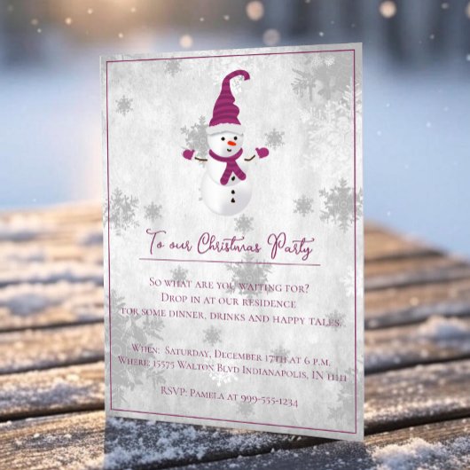 Magenta Cute Snowman Fête de Noël Invitation