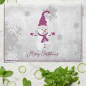 Magenta Cute Snowman Vacances Serviette de cuisine (Plié)