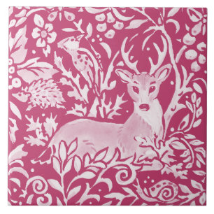 Magenta Deer Hedgel Bird Natuur Woodland Floral Tegeltje