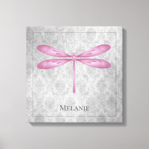 Magenta Dragonfly Damask Canvas Afdruk