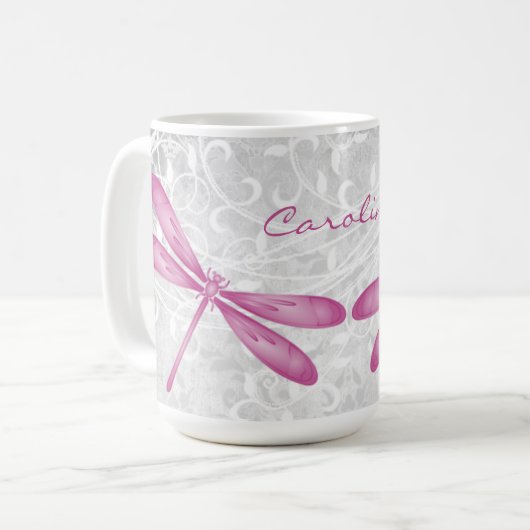 Magenta Dragonfly Mok op maat van koffie (Voorkant links)