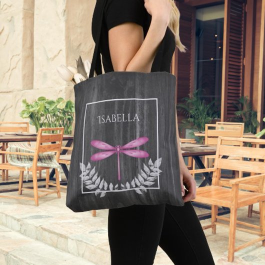Magenta Dragonfly Rustic Personalized Canvas tas