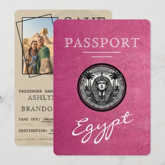 Magenta Egypt Passport Wedding Save the Date (Devant / Derrière)
