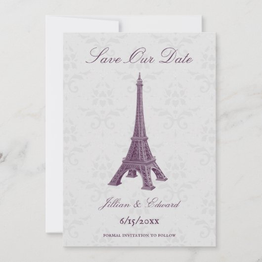 Magenta Eiffel Tower Damask sparen de Datum Aankondiging (Voorkant)