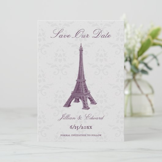 Magenta Eiffel Tower Damask sparen de Datum Aankondiging (Staand voorkant)