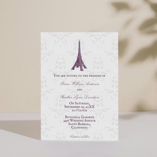 Magenta Eiffel Tower Damask Wedding Invitation Kaart