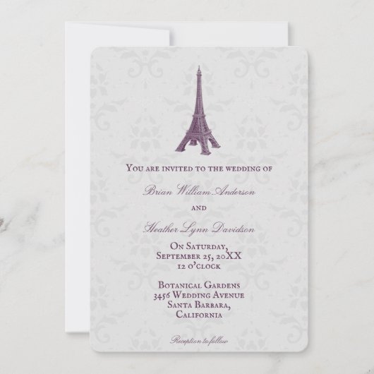 Magenta Eiffel Tower Mariage damassé Invitation (Devant)