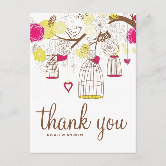 Magenta en Gele Birdcages Dank u Briefkaart (Voorkant)
