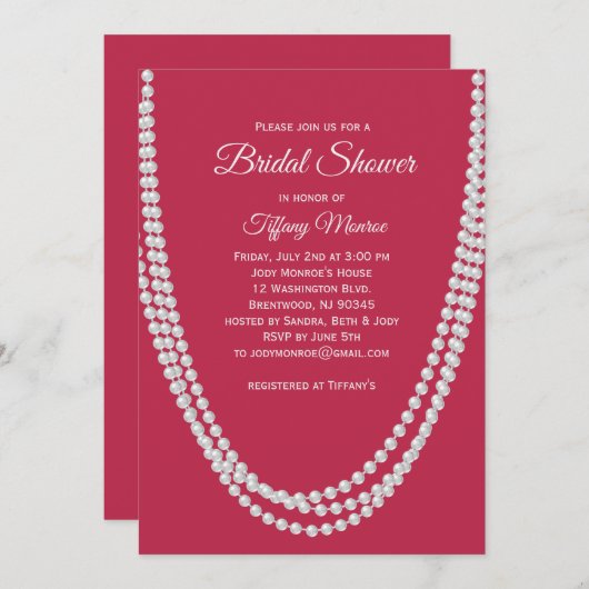 Magenta en Pearls Bridal Shower Uitnodiging (Voorkant / Achterkant)