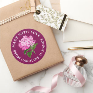 Magenta en roze hortensia gemaakt met liefde ronde sticker