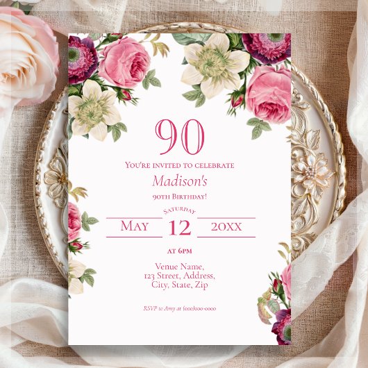 Magenta Floral 90th Birthday Invitation