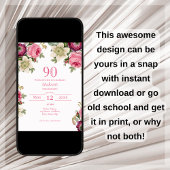 Magenta Floral 90th Birthday Invitation