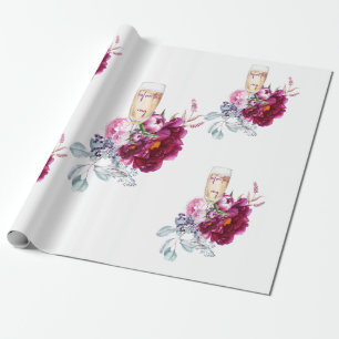 Magenta Floral Champagne voor het huwelijk Cadeaupapier