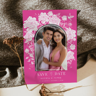 Magenta Floral Chinoiserie Bruiloft Save the Date Kaart
