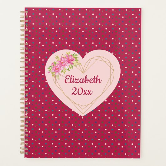 Magenta Floral Golden Heart Personalized Planner (Voorkant)