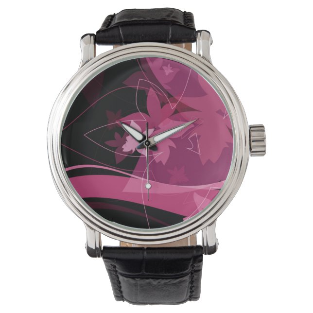 Magenta Floral Pattern Horloge (Voorkant)