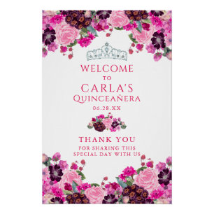 Magenta Floral Quinceanera Affiche de bienvenue
