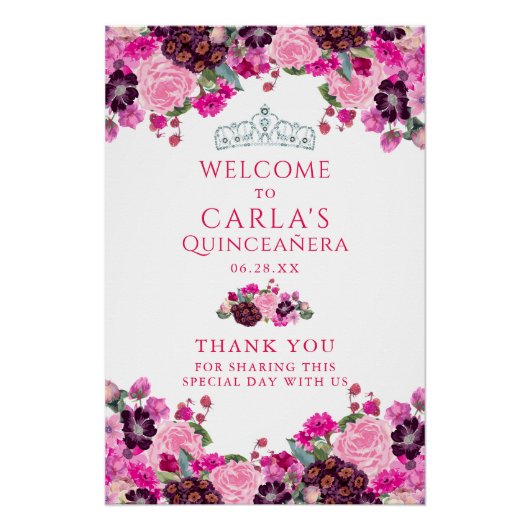 Magenta Floral Quinceanera Affiche de bienvenue (Devant)