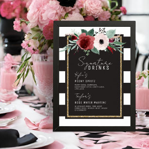 Magenta Floral Stripes Signature Drink Wedding Poster
