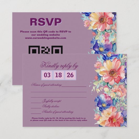 Magenta Floral Wedding RSVP Card (Devant / Derrière)