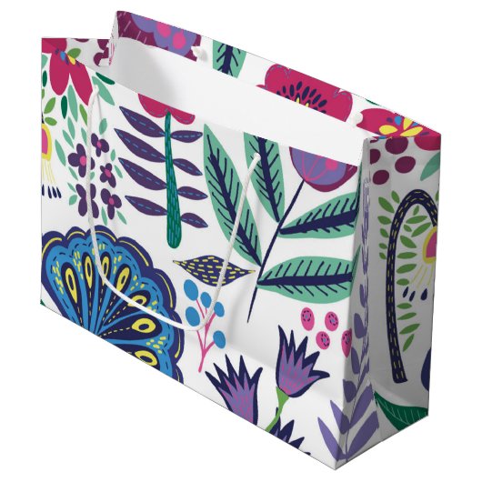 Magenta Folk Art Floral Pattern Groot Cadeauzakje (Voorkant Gekanteld)