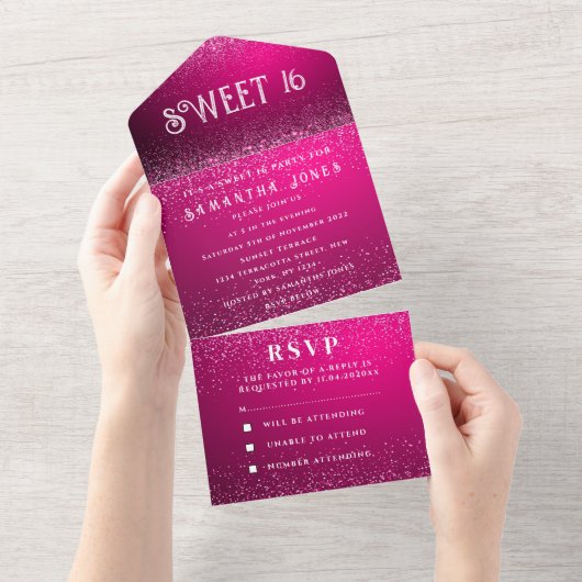 Magenta Fuchsia Glitter Sparkle Modern Sweet 16 All In One Uitnodiging (Afscheurbaar)